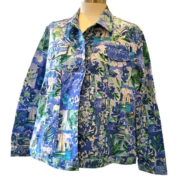 Drapers and Damons Jacket Blue Sailboats Floral Denim Style Woman's 2X JJ3482 - Picture 1 of 7